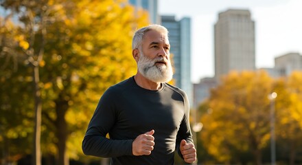 Obraz premium A healthy senior man with a beard running in the city.