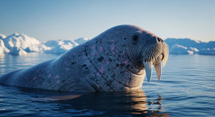  Gentle walrus at the Arctic edge: a dreamlike close-up amidst shimmering ice and endless polar waters.