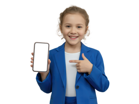 Smiling girl in blue blazer points to blank smartphone screen isolated on white transparent background png jpg business people clipping path cutout 2025 2026 4k full hd poster banner label download