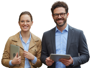 Smiling man and woman in business attire holding digital devices isolated on white transparent background png jpg business people clipping path cutout 2025 2026 4k full hd poster banner label download