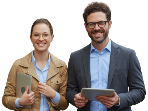 Smiling man and woman in business attire holding digital devices isolated on white transparent background png jpg business people clipping path cutout 2025 2026 4k full hd poster banner label download