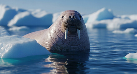  Gentle walrus at the Arctic edge: a dreamlike close-up amidst shimmering ice and endless polar waters.