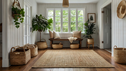 Simple entryway featuring a wooden bench, woven baskets, potted plants, and natural rugs on hardwood floor