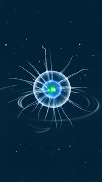 Abstract illustration of a cell or organism with radiating filaments in a dark space.