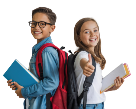Two smiling young students with backpacks and books isolated on white transparent background png jpg business people clipping path cutout 2025 2026 4k full hd poster banner label download