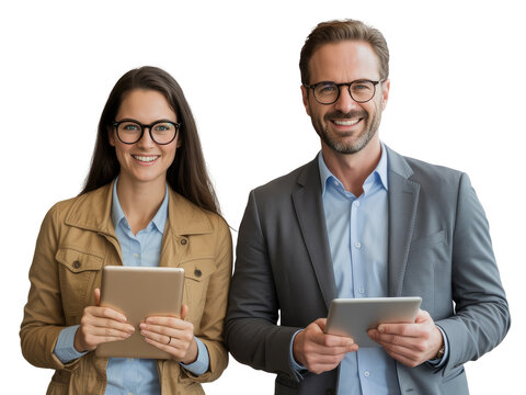 Woman in tan jacket and man in grey suit holding tablets smiling isolated on white transparent background png jpg business people clipping path cutout 2025 2026 4k full hd poster banner label download