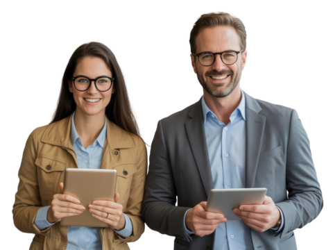 Woman in tan jacket and man in grey suit holding tablets smiling isolated on white transparent background png jpg business people clipping path cutout 2025 2026 4k full hd poster banner label download