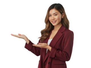 Young Asian woman in maroon blazer presenting with open hands isolated on white transparent background png jpg business people clipping path cutout 2025 2026 4k full hd poster banner label download