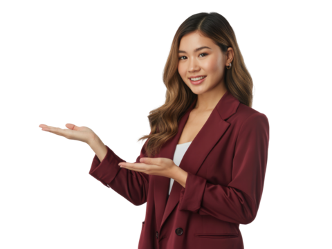 Young Asian woman in maroon blazer presenting with open hands isolated on white transparent background png jpg business people clipping path cutout 2025 2026 4k full hd poster banner label download