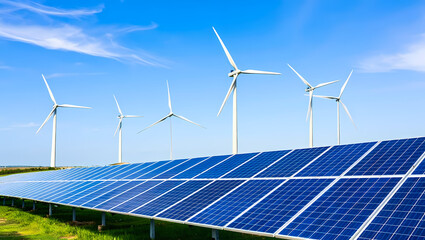 Solar Panels and Wind Turbines Coexisting in a Green Field on a Sunny Day