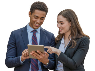 Young man and woman in suits looking at tablet computer and isolated on white transparent background png jpg business people clipping path cutout 2025 2026 4k full hd poster banner label download