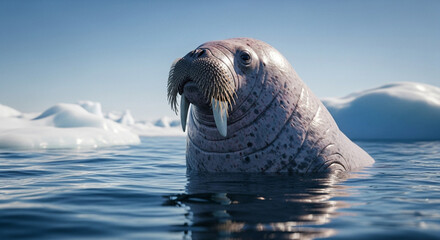  Gentle walrus at the Arctic edge: a dreamlike close-up amidst shimmering ice and endless polar waters.