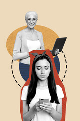 Image 3d zine vertical collage of happy girl guys hold laptop type message notification speech chat...