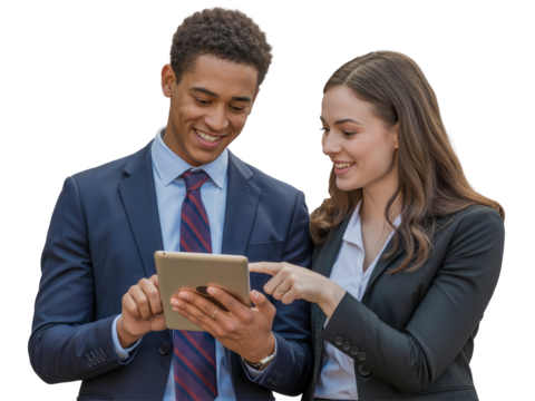 Young man and woman in suits looking at tablet computer and isolated on white transparent background png jpg business people clipping path cutout 2025 2026 4k full hd poster banner label download