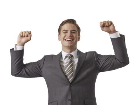 Young man in gray suit and striped tie raises fists in isolated on white transparent background png jpg business people clipping path cutout 2025 2026 4k full hd poster banner label download