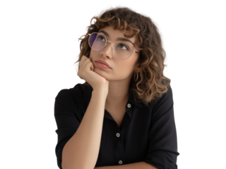 Young woman with curly brown hair wearing round glasses resting isolated on white transparent background png jpg business people clipping path cutout 2025 2026 4k full hd poster banner label download