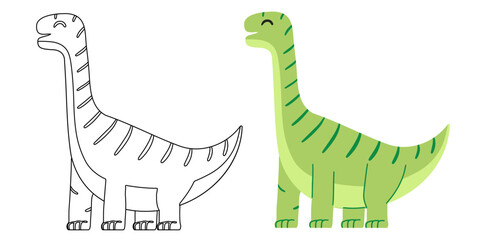 Coloring page with cute cartoon dino. Line art and colored diplodocus version.