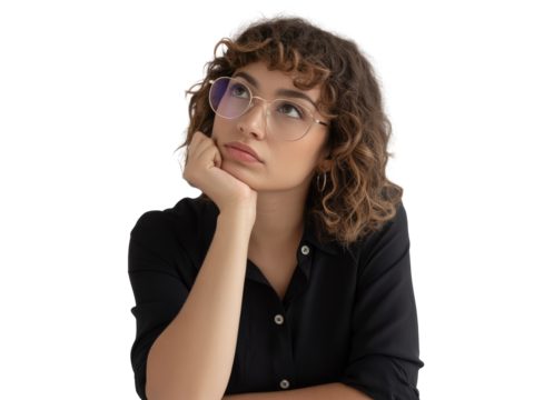 Young woman with curly brown hair wearing round glasses resting isolated on white transparent background png jpg business people clipping path cutout 2025 2026 4k full hd poster banner label download