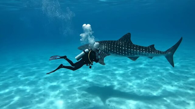 Scuba Diver and Whale Shark Underwater Encounter - A scuba diver swims calmly alongside a massive whale shark in a vibrant blue ocean.