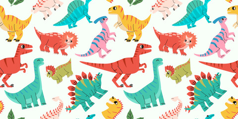 Seamless pattern with cute cartoon dinosaurs. Trendy colors. Children's vector illustration © Aliaksandra