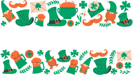 Fototapeta premium St. Patrick's Day Frame with leprechaun hat, clover, beer and other symbolic elements