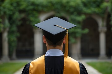 A student in graduation cap and gown faces away from the camera walking towards an arched walkway lined with trees