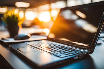 Close-up of a laptop on an office desk during sunset, with a warm and golden light creating a professional atmosphere