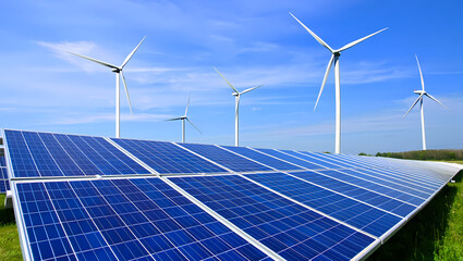 Solar Panels and Wind Turbines Coexisting in a Green Field on a Sunny Day