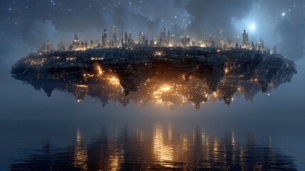 Naklejka premium A futuristic city skyline floats in the night sky, illuminated by countless lights, with reflections shimmering on the water below