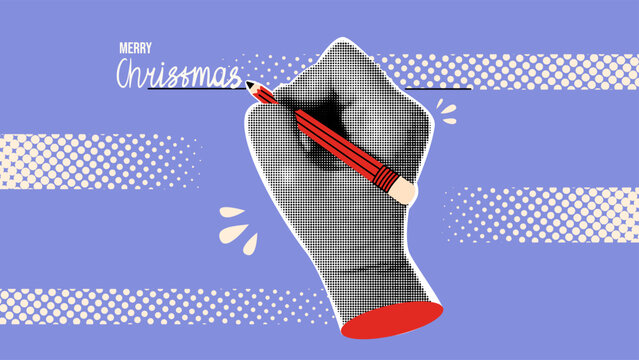 Festive poster or banner collage with hand holding pencil and writing handwritten inscription Merry Christmas