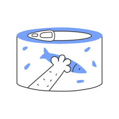Wet cat food in a can with a picture of a fish and a pet's paw. Vector doodle clip art