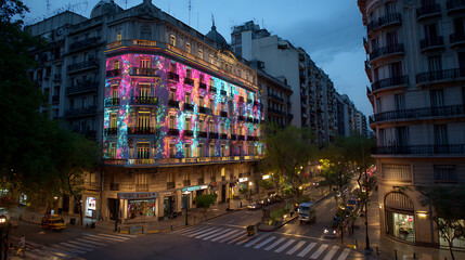 Night cityscape building facade illumination light show street urban architecture travel destination scenic view