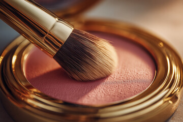 Close-up of a makeup brush applying pink blush in a luxurious golden compact case for a flawless beauty look