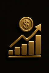 A golden bar graph with an upward-pointing arrow and a dollar coin, set against a dark background. It represents financial growth, investment success, and economic prosperity  