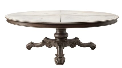 Elegant round wooden dining table isolated on white background &ndash; classic vintage style furniture for kitchen, dining room