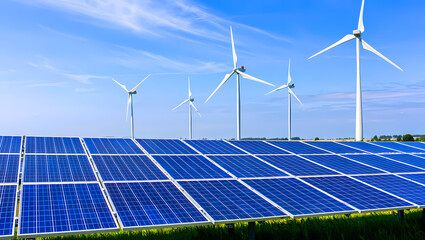 Solar Panels and Wind Turbines Coexisting in a Green Field on a Sunny Day