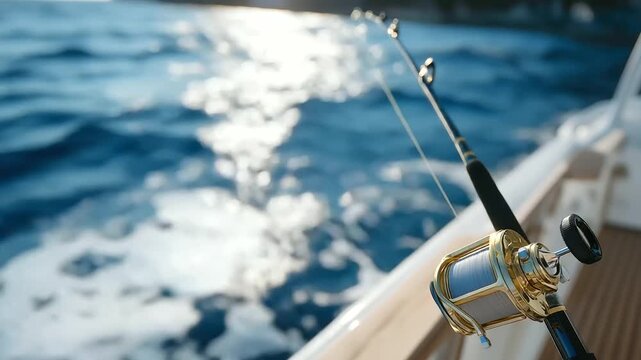 Fishing on a yacht with a reel and water reflections