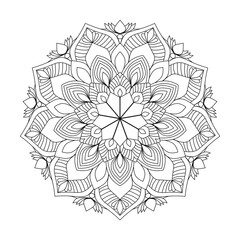 
Round Mandala Coloring Page - Intricate Round Mandala Design for Adult Coloring - Detailed Round Mandala Pattern with Geometric Floral Elements and Symmetry