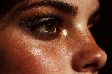 Naklejka premium Close-up of a woman's eye and nose with shimmering gold eyeshadow and natural freckles on glowing skin