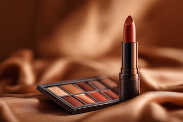 Elegant warm-toned lipstick and eyeshadow palette on soft silky fabric for luxurious makeup looks
