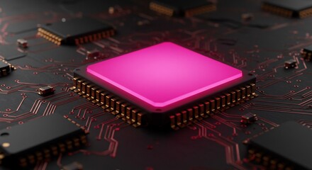 Luminous Pink CPU Core Radiating Energy on a Dark, Intricate Circuit Board