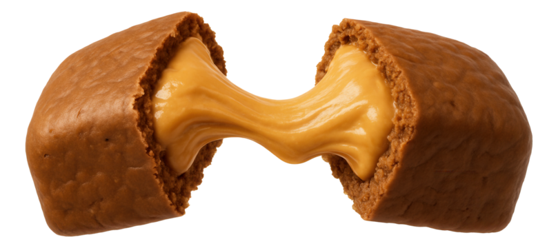 Peanut butter bar separated, with creamy filling connecting the halves.