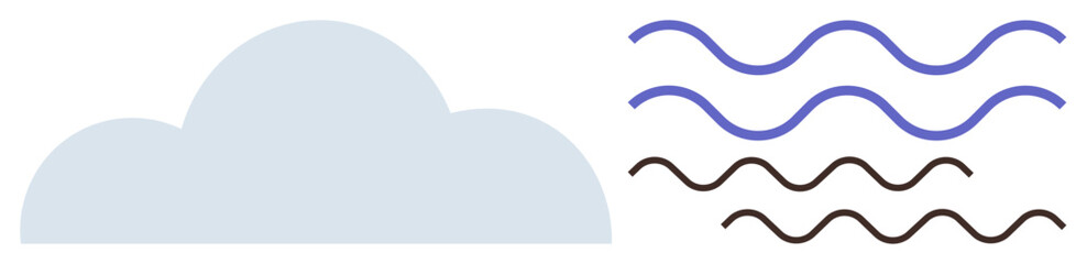 Blue cloud next to wavy lines in black and blue symbolizing air, wind flow, weather. Ideal for environment, climate, wind direction, earth elements, sustainability, minimalism simple flat metaphor