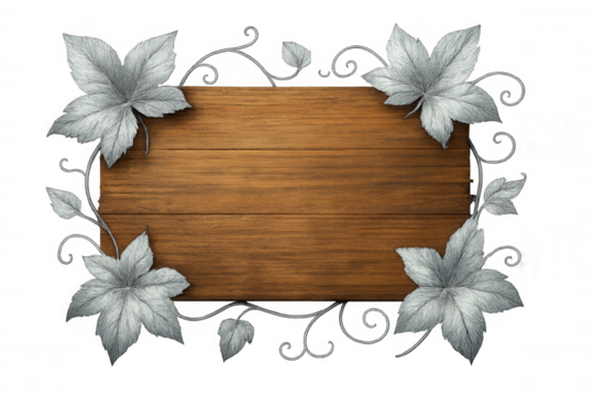 Wooden sign decorated with silver leaves and swirls on a transparent background, perfect for autumn or harvest themes
