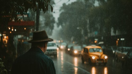 Street scene split: one side rains down, other rains up, person at the edge