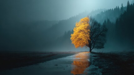 Surreal scene: one half of forest sunny, the other raining into unknown