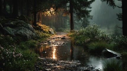 Surreal scene: one half of forest sunny, the other raining into unknown