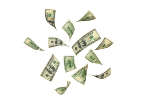 Us dollar bills flying isolated on transparent background