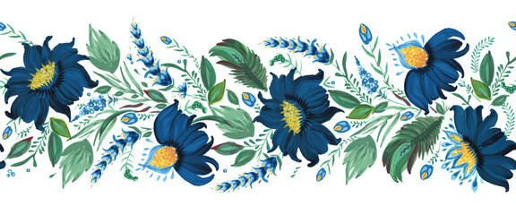 Floral vector seamless border pattern from fantasy blue flowers and green leaves on a white background