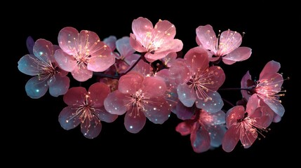 Neon cherry blossom cluster in soft pink glow, each petal shining delicately against deep black, digital art